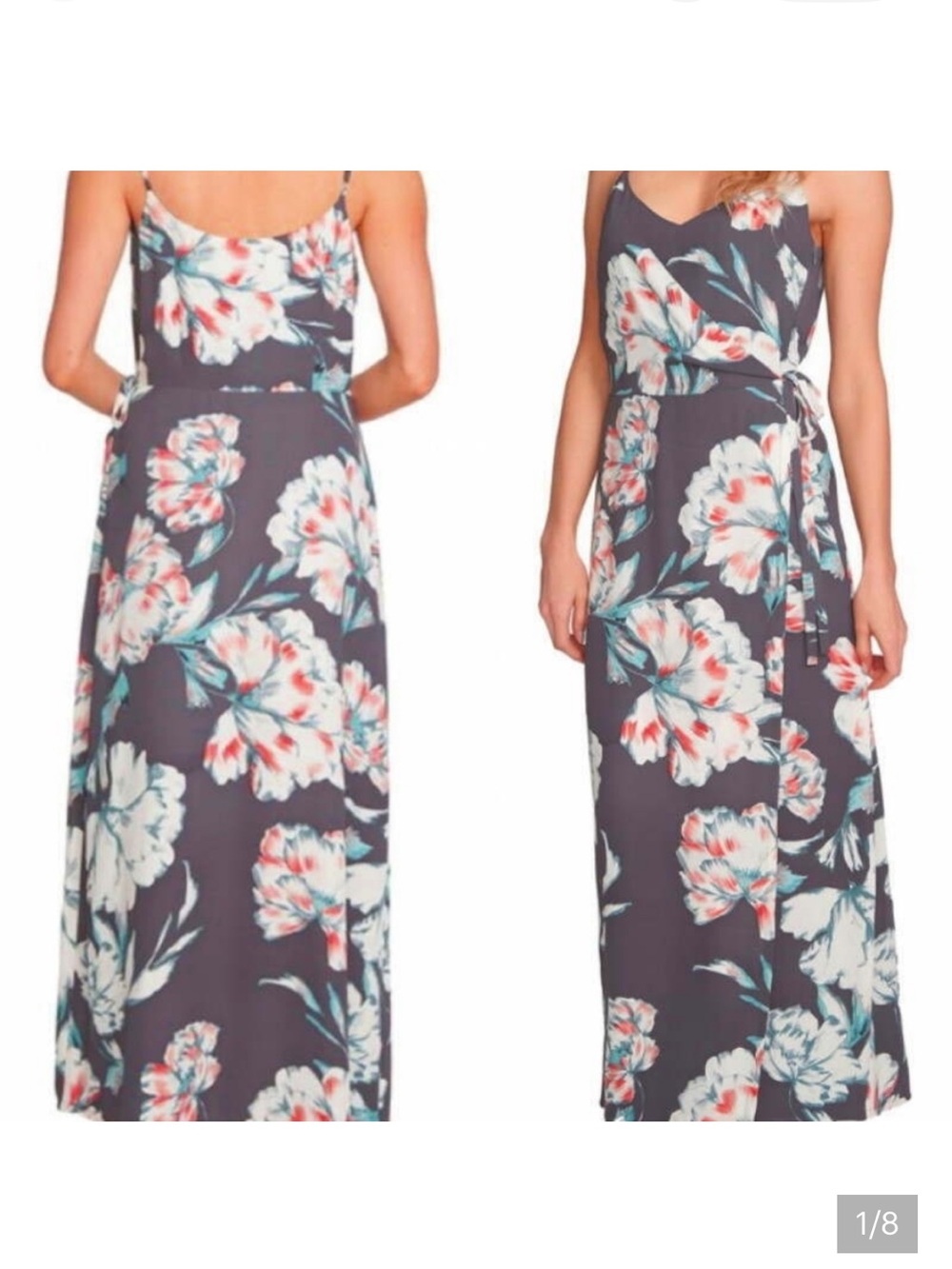 1. State Charcoal Floral Wrap Maxi with Coral and Teal Accents